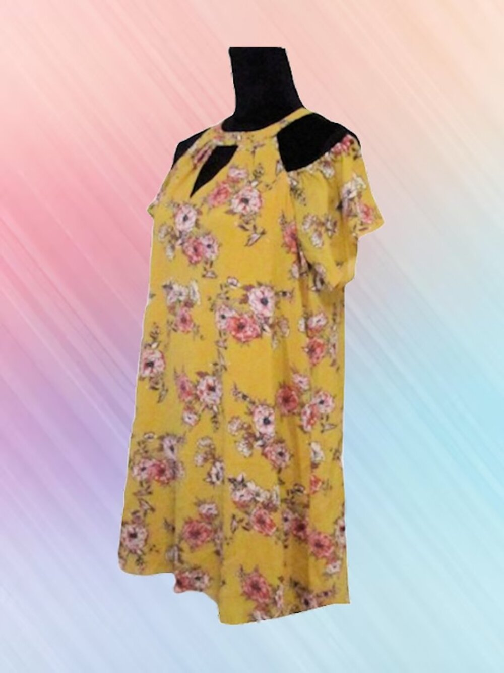 AS U WISH size M mini dress cold shoulder yellow floral lined - Picture 4 of 13
